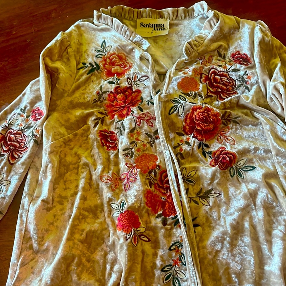 Savannah Jane mocha velvet embroidered long sleeve top